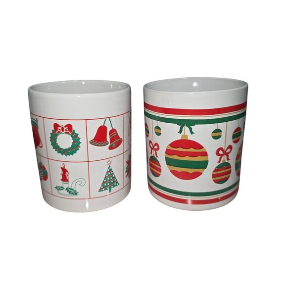 Christmas Ceramic Coffee Mugs Holiday Red Green Ornament Design Set of 2 - Picture 3 of 5